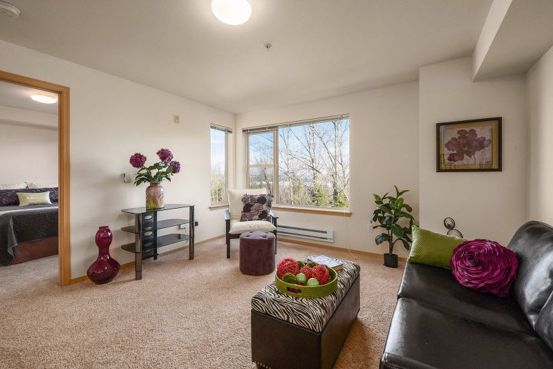 A cozy and well-lit living room with modern decor and large windows.