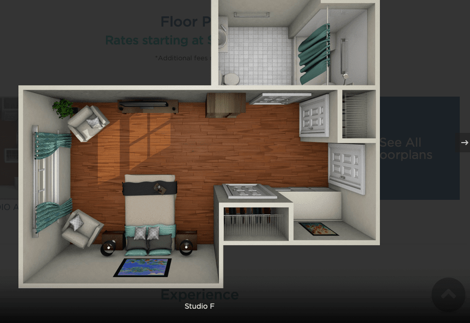 A 3D floor plan layout showing a room with furniture and appliances.