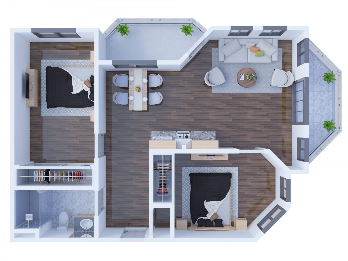 A detailed floor plan of an apartment showcasing two bedrooms, a dining area, and a living room.