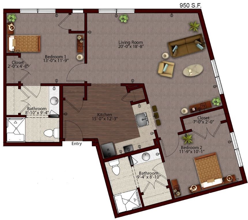 A detailed floor plan of a two-bedroom apartment with designated areas for the kitchen, living room, and bathrooms.