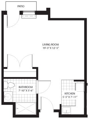 A simple floor plan of an apartment showing areas for the living room, bathroom, and kitchen.