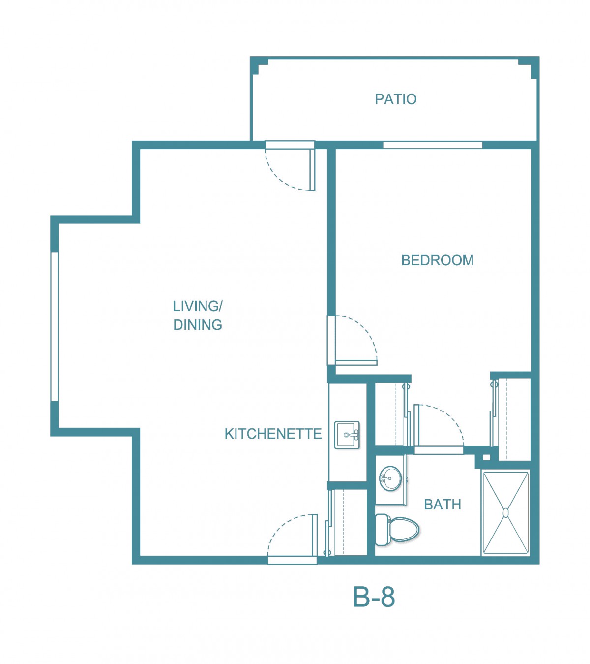 A floor plan of a one-bedroom apartment with a living/dining area, kitchen, bathroom, and patio.