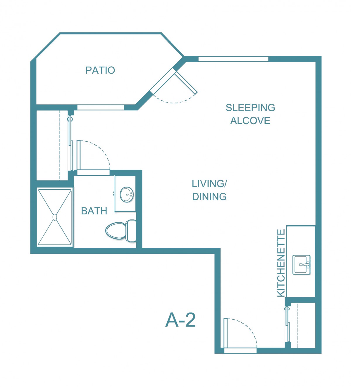 Studio apartment floor plan featuring a living/dining area, sleeping alcove, kitchen, bathroom, and patio.