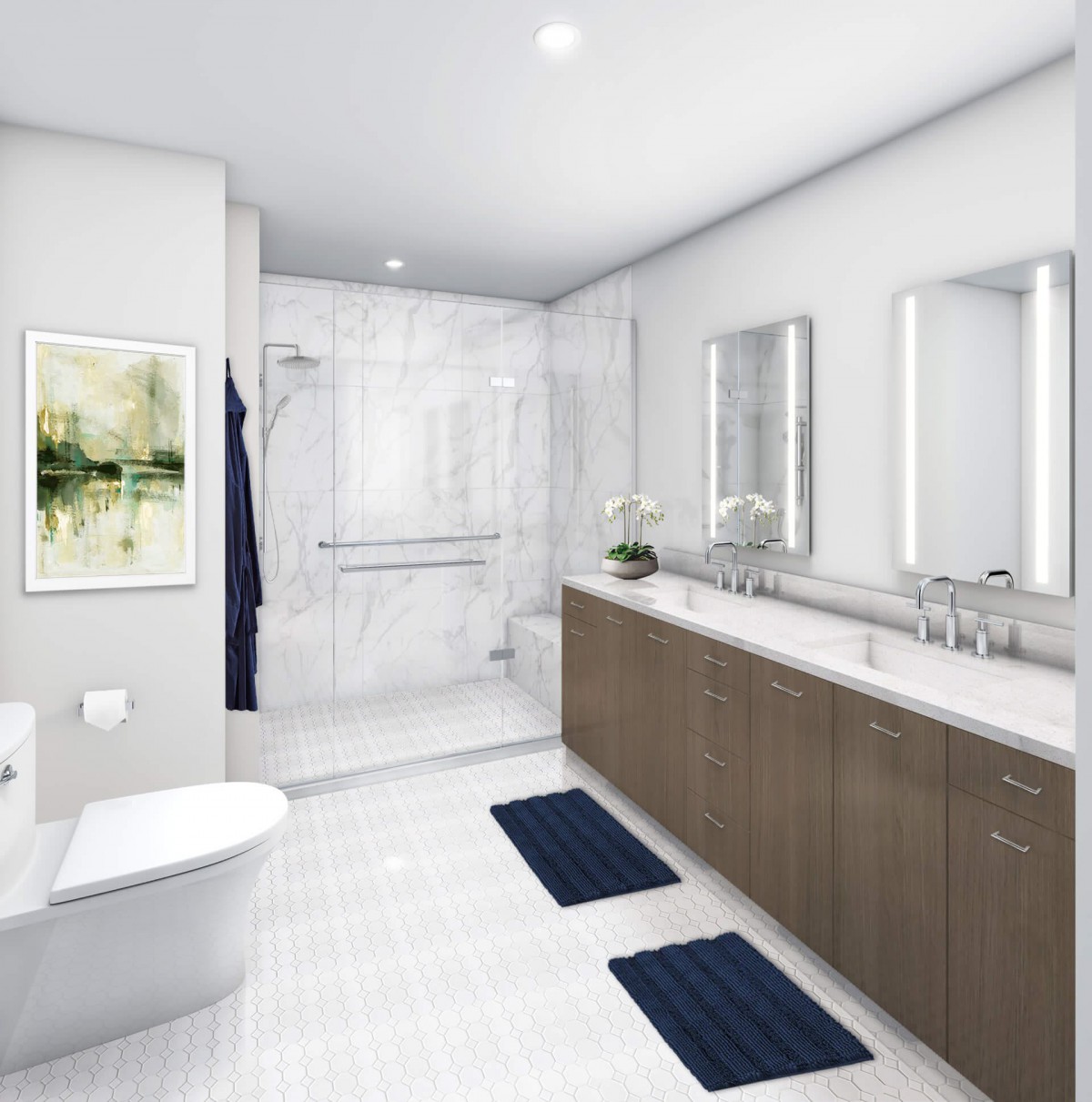 A modern and minimalist bathroom design featuring a spacious shower, dual sinks with large mirrors, and sleek cabinetry.