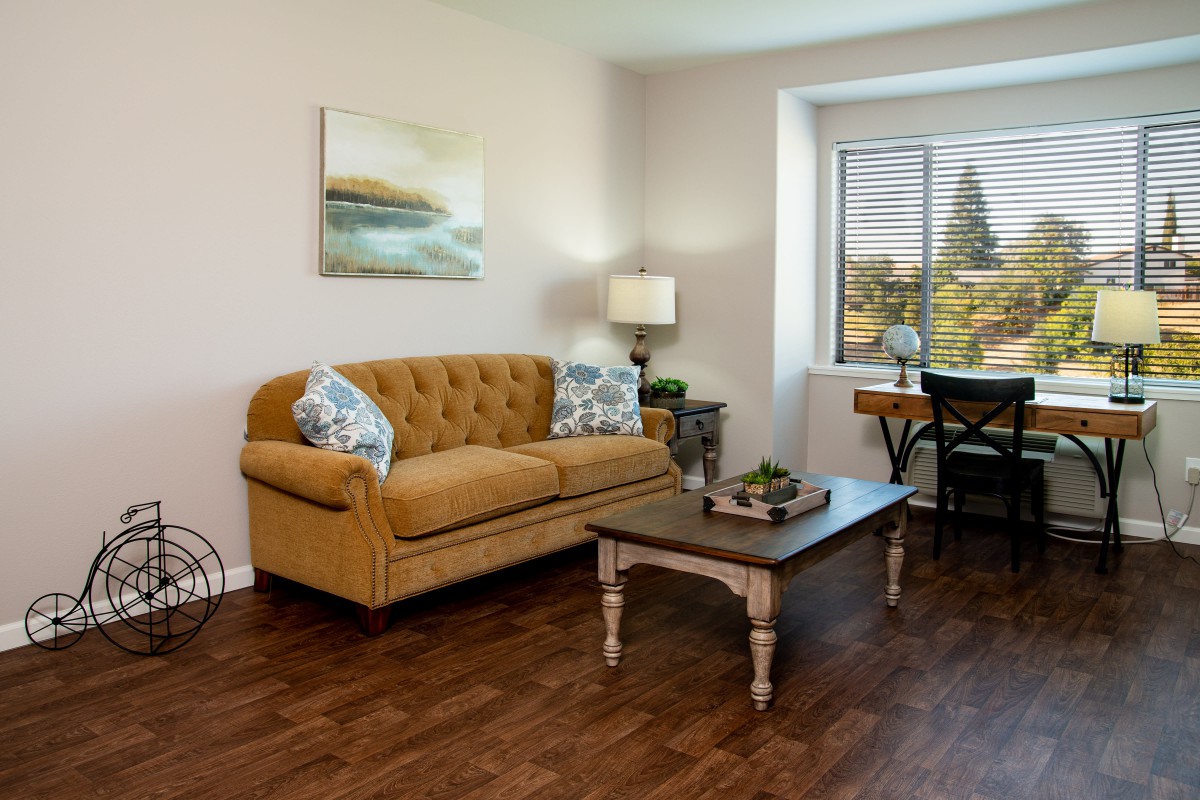 A cozy living room with a mustard-colored couch, coffee table, and decorative elements near a large window.