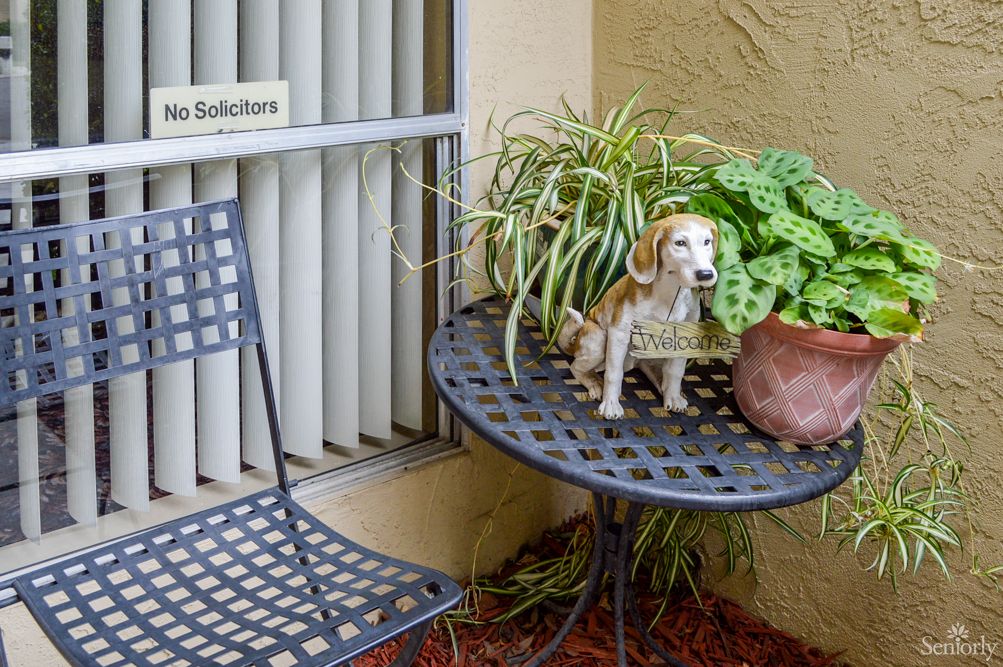 A small dog sits on a patio table next to a potted plant.