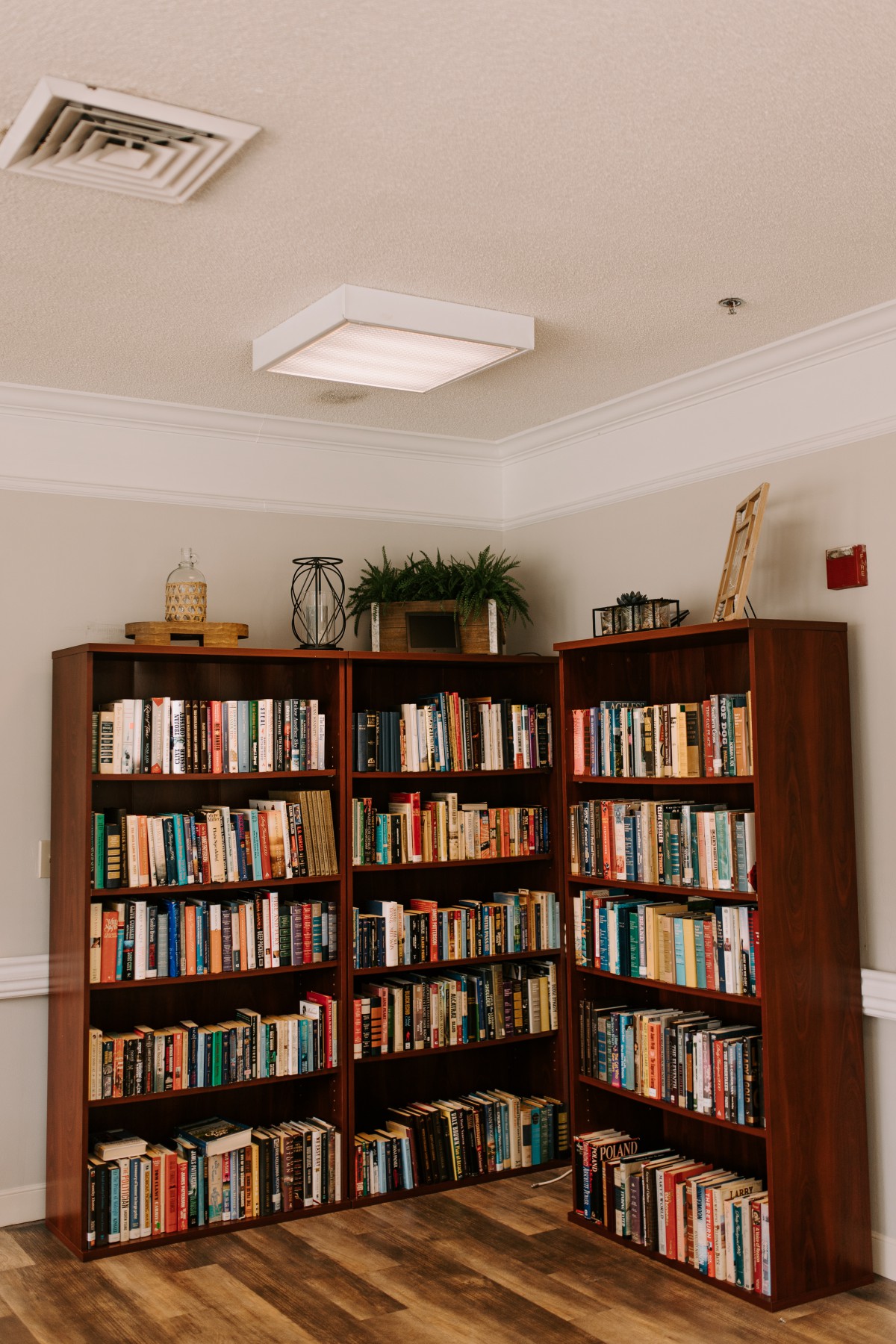 A cozy corner bookshelf filled with a variety of books.