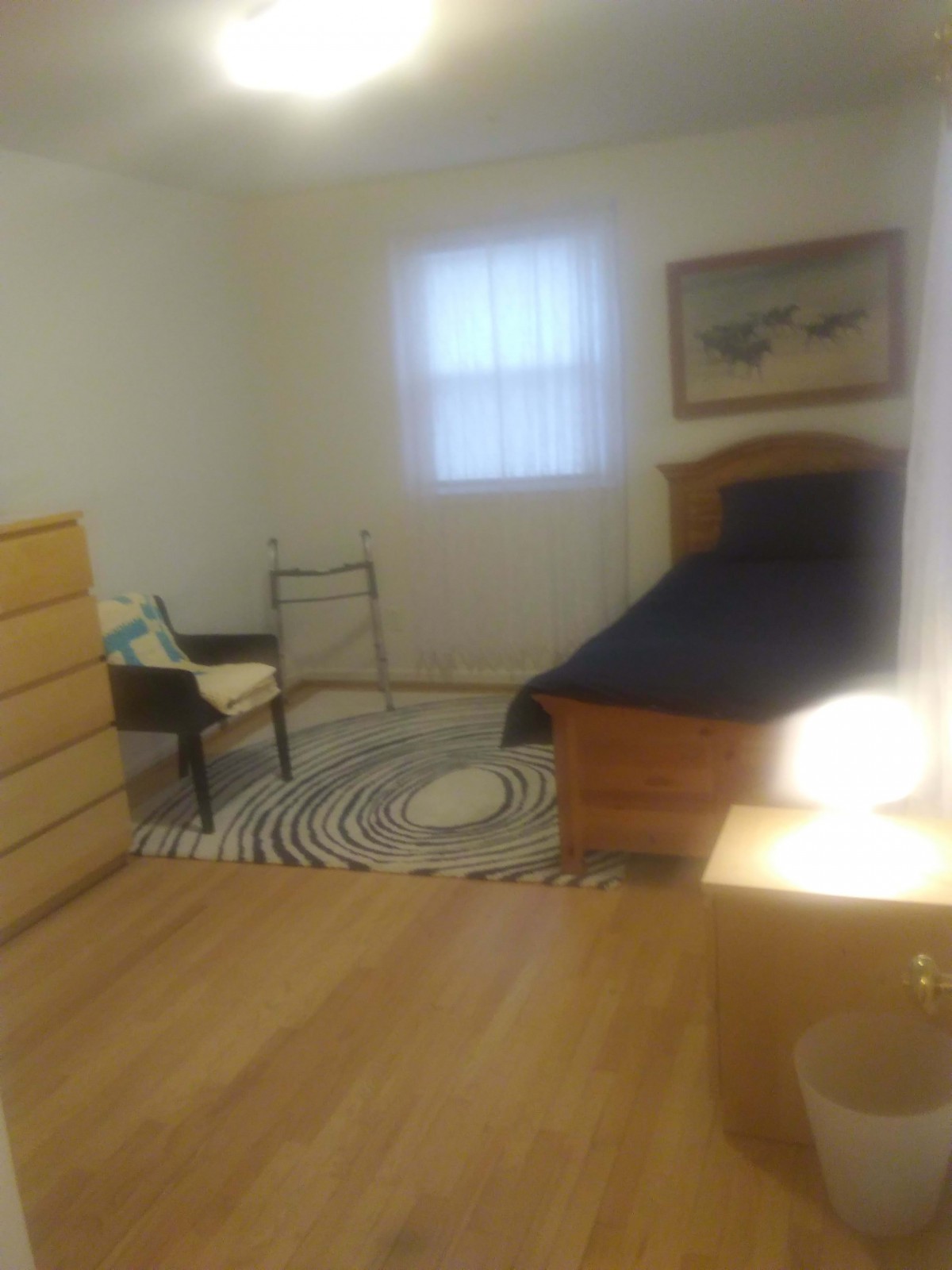 A simple bedroom featuring a single bed, dresser, and chair with a patterned rug and window light.