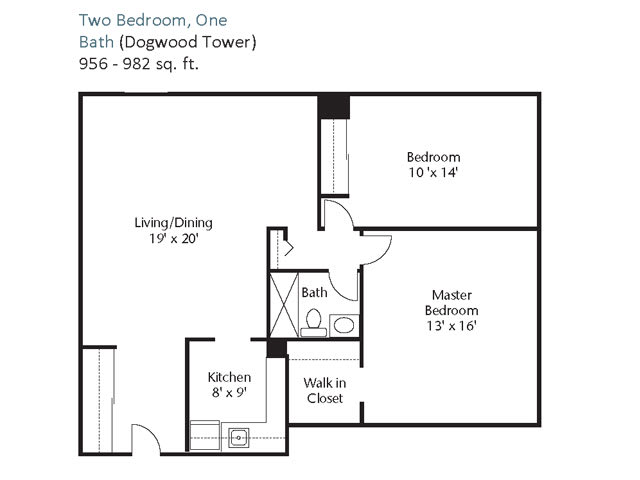 Floor plan of a two-bedroom, one-bath apartment.