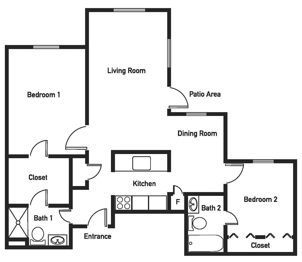 A floor plan of a two-bedroom apartment with a living room, dining room, kitchen, and two bathrooms.
