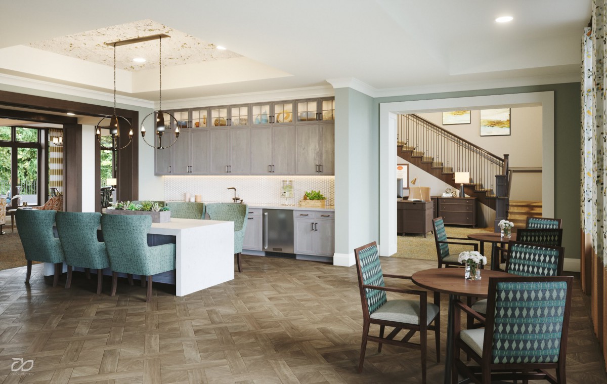 A modern, open-concept kitchen and dining area with contemporary furnishings.