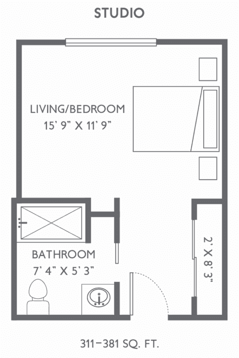 Studio apartment floor plan with living/bedroom and bathroom layout.