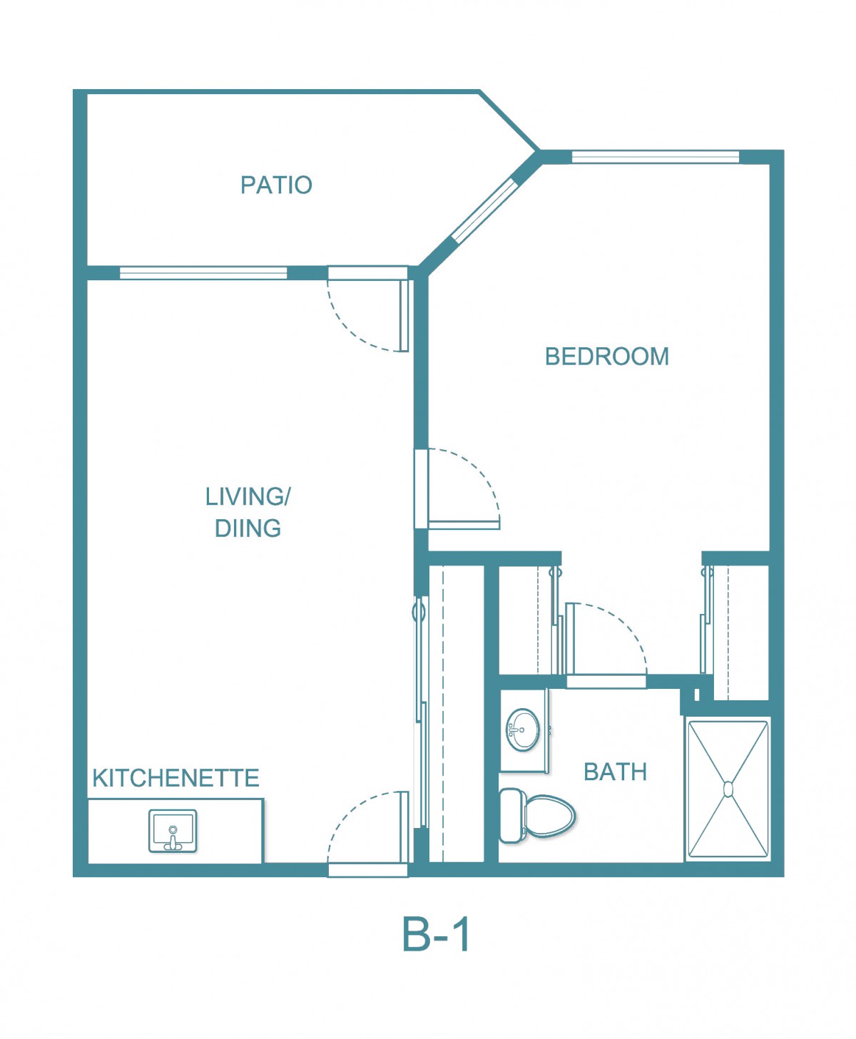 A blueprint of a single-bedroom apartment featuring a living area, kitchenette, bathroom, bedroom, and patio.