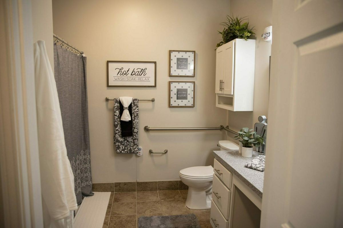 A modern bathroom with gray accents, featuring wall art and decorative plants.