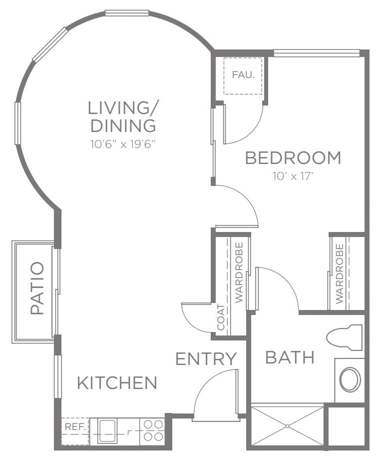 One-bedroom apartment floor plan with living/dining area, kitchen, bathroom, and patio.