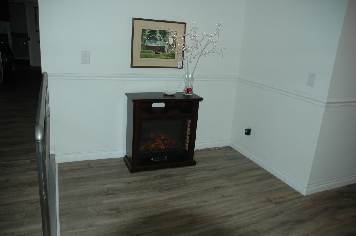 A minimalist room featuring a small electric fireplace, a piece of artwork hanging on the wall, and wooden flooring.