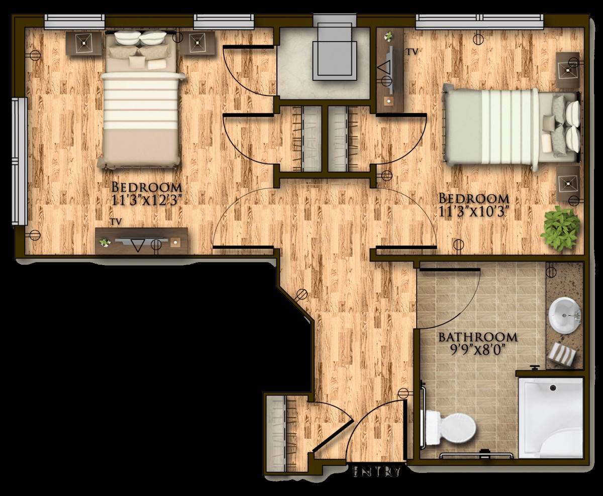Floor plan of an apartment featuring two bedrooms and a bathroom.