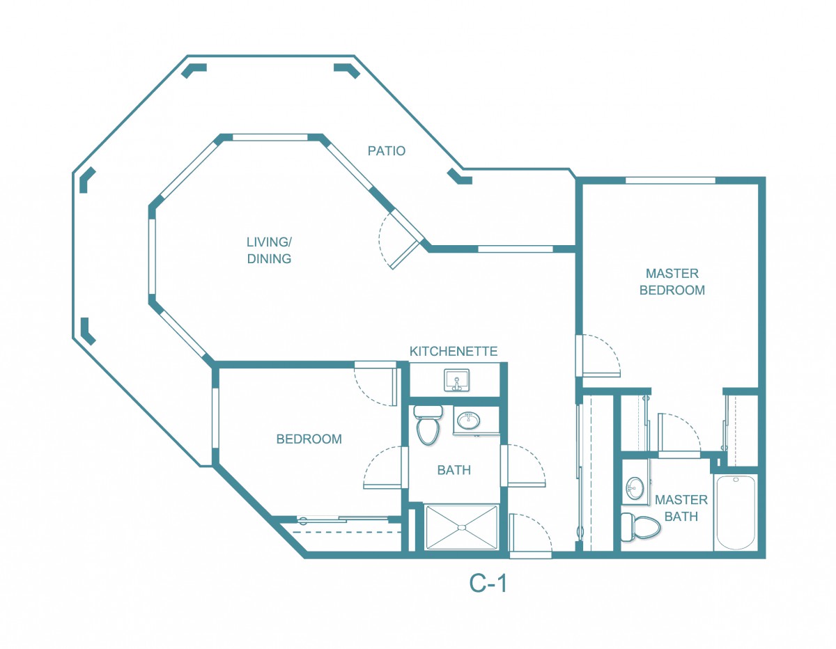 Floor plan of an apartment layout including a kitchen, living room, bedroom, and bathrooms.