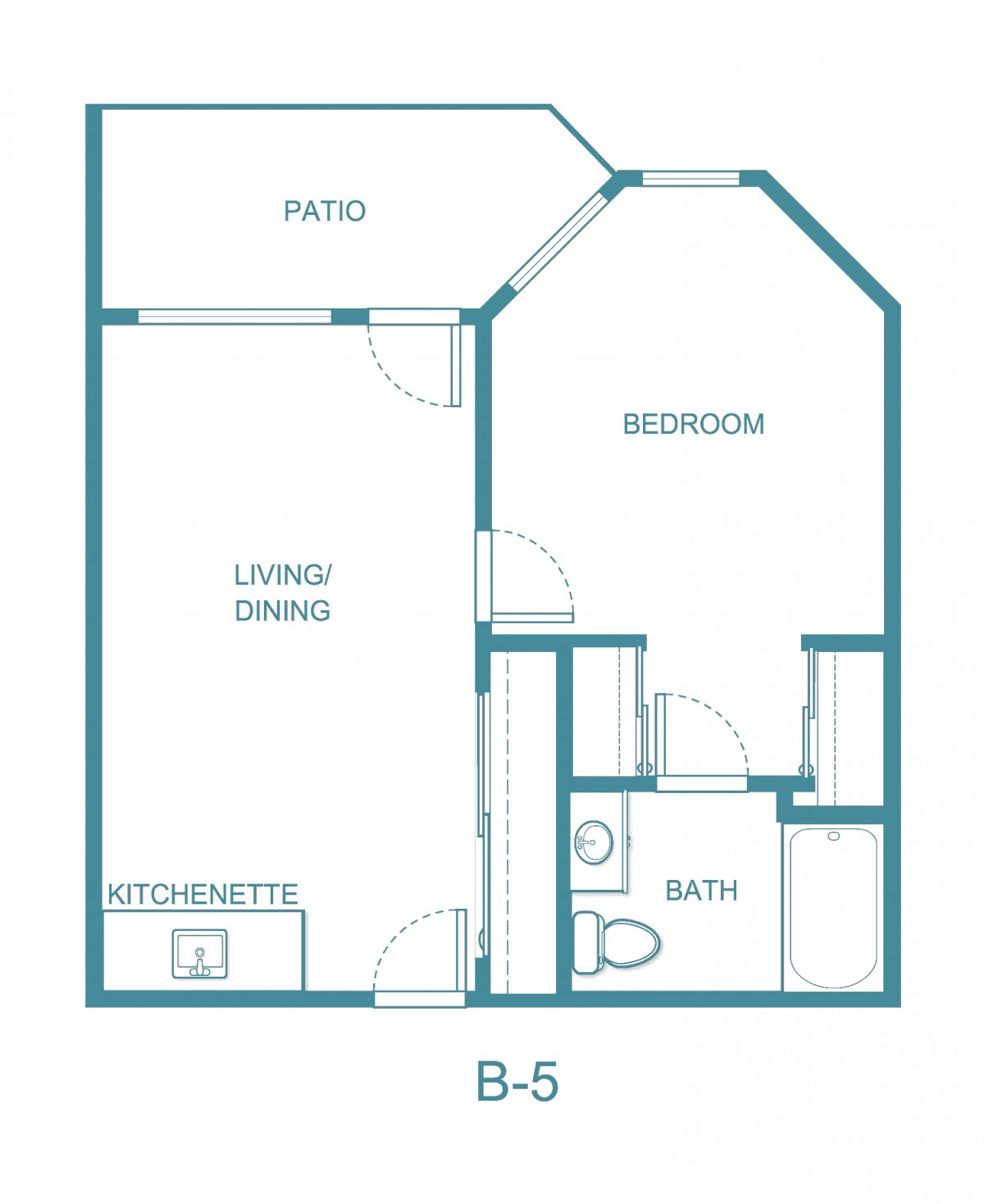 This image shows a floor plan of an apartment featuring a living/dining area, kitchen, bedroom, bathroom, and a patio.