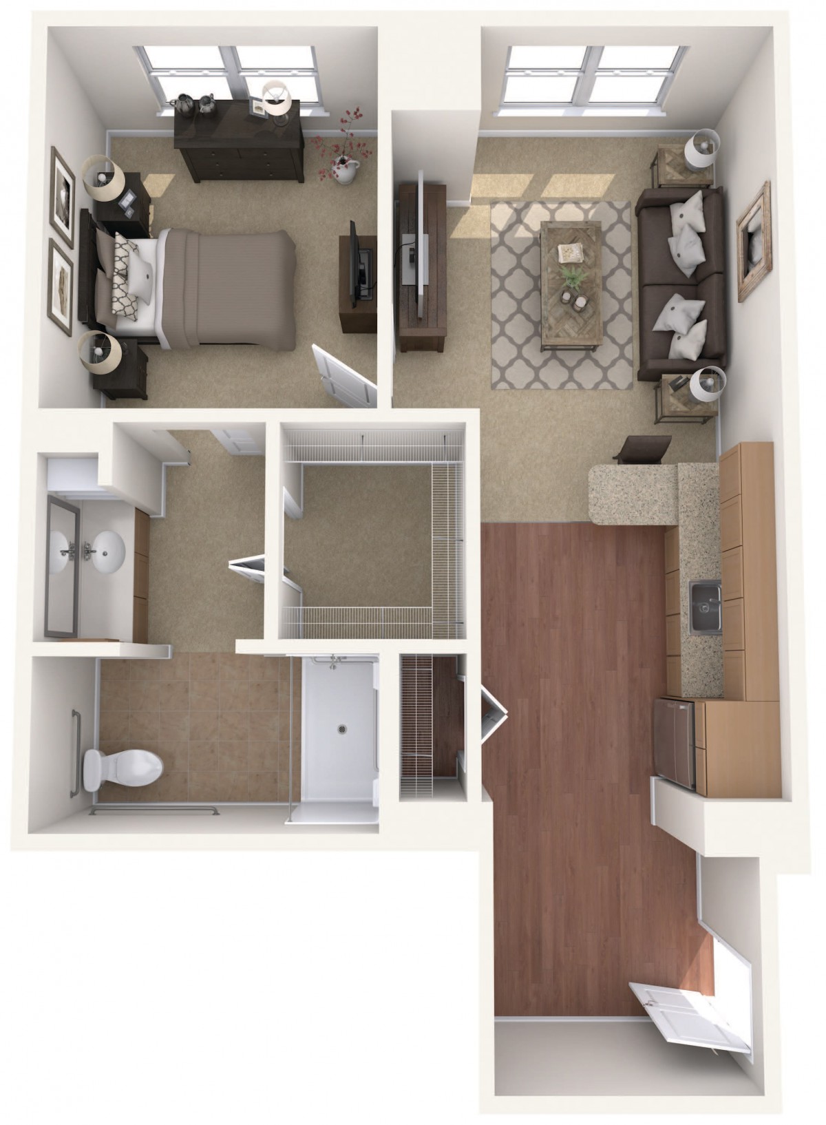 This image shows a 3D floor plan of a one-bedroom apartment, featuring a living room, kitchen, bedroom, and bathroom.