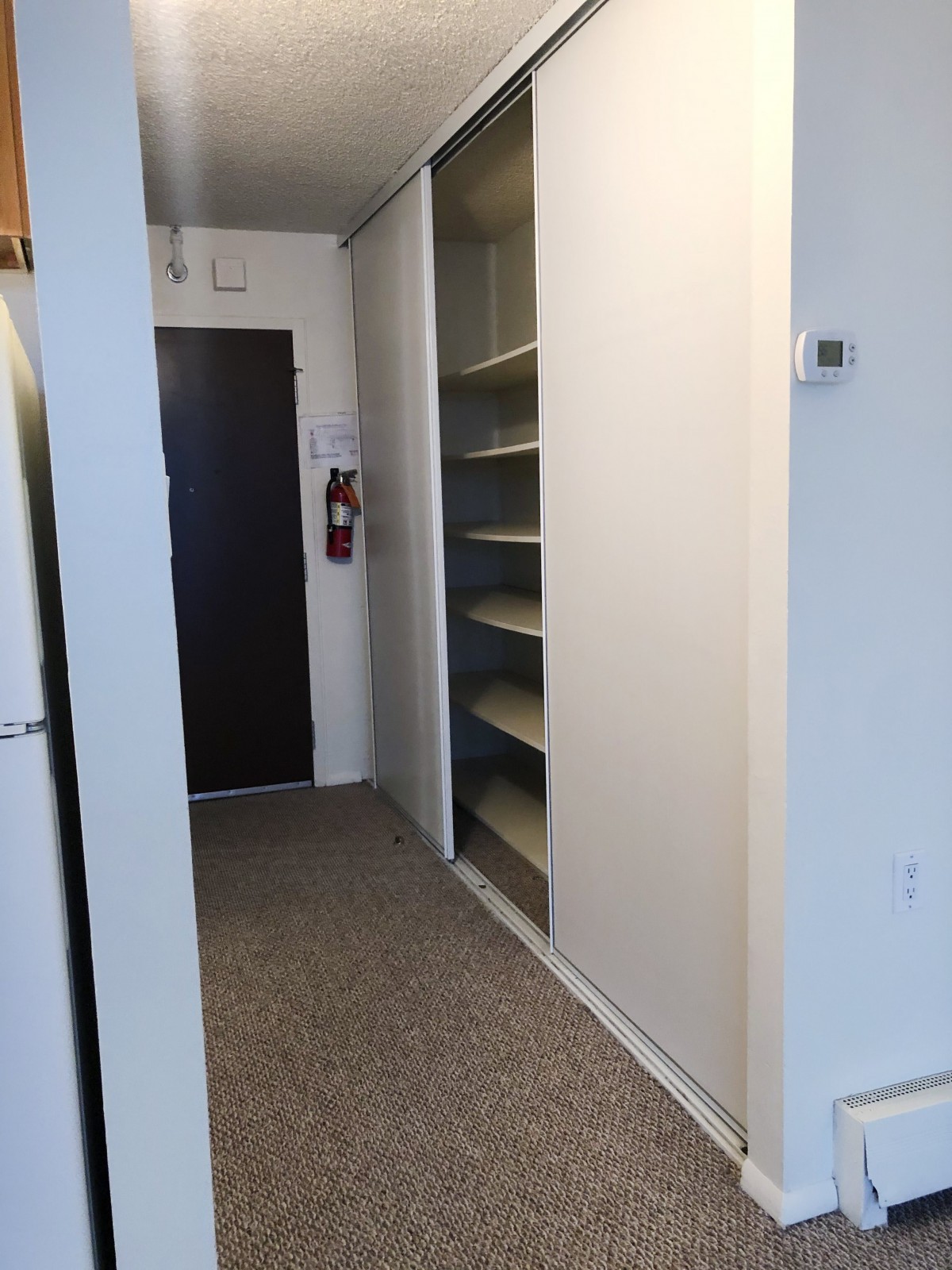 A hallway with built-in shelves leading to an entrance door in an apartment.
