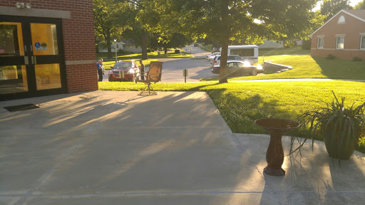 A sunlit view of a sidewalk leading to a street with parked vehicles and trees in the background.