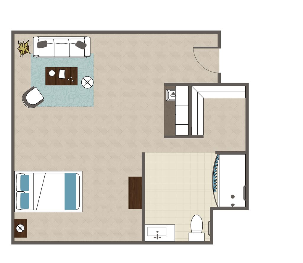 A floor plan of a one-bedroom apartment showcasing the layout and furniture arrangement.