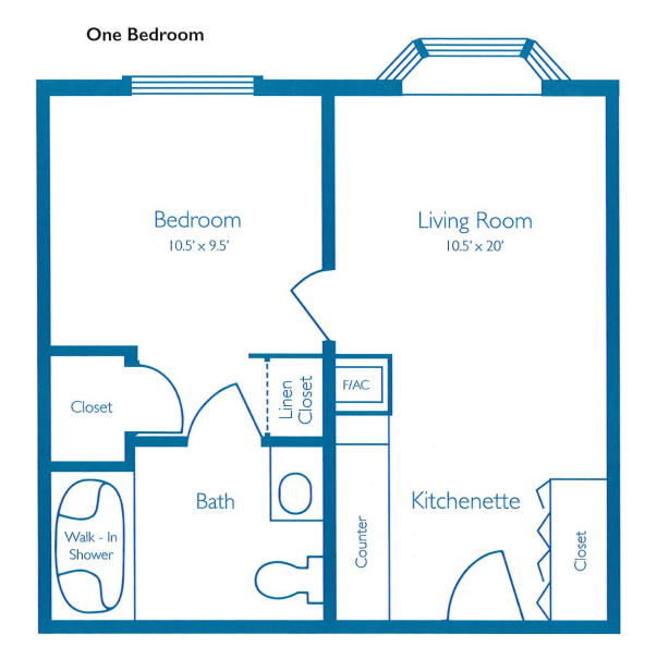 A floor plan of a one-bedroom apartment including a living room, kitchenette, bathroom, and closet.