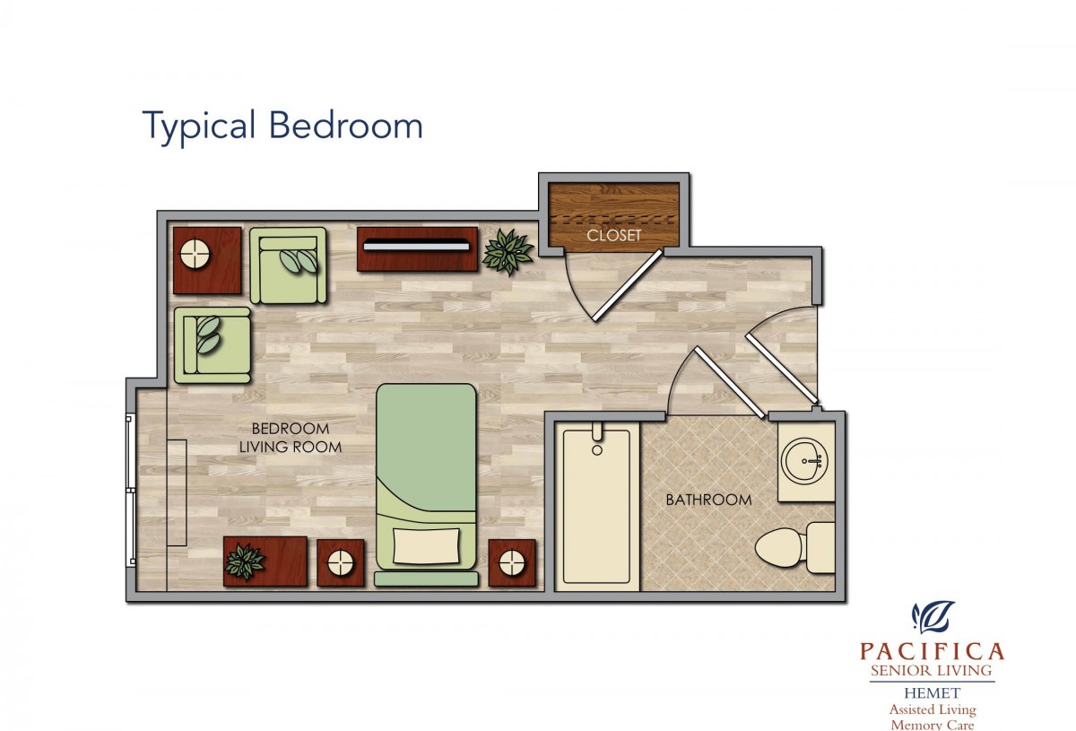 A typical bedroom floor plan showing the arrangement of furniture and room layout.