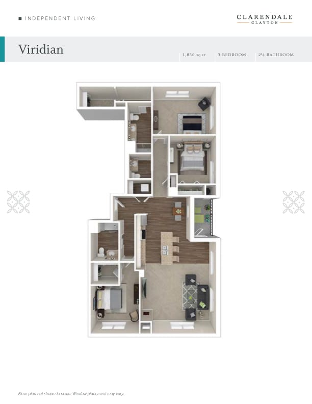 3D floor plan of an apartment layout with furniture and designated rooms.