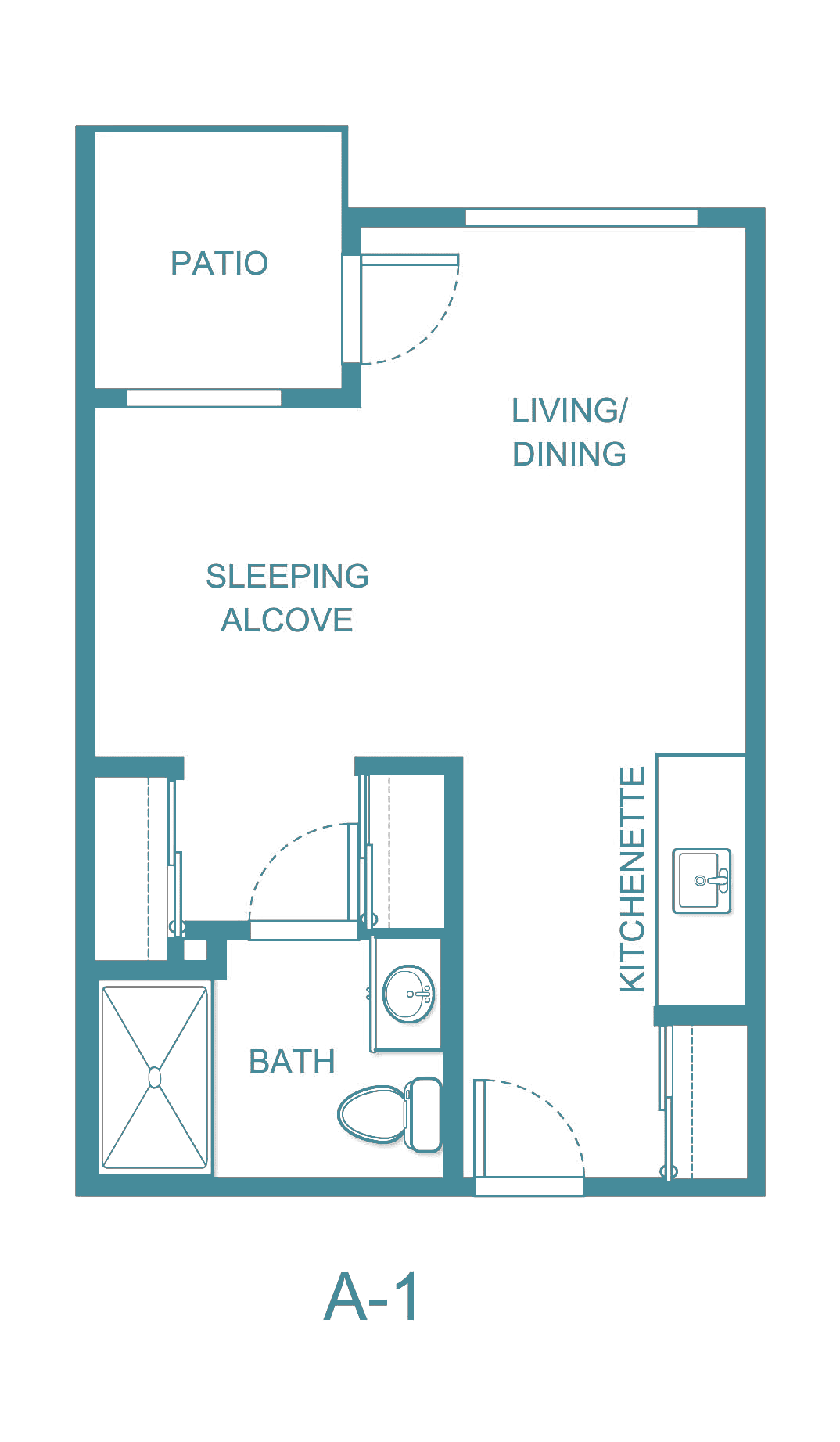 Studio apartment floor plan with a sleeping alcove, kitchenette, living/dining area, and bathroom.