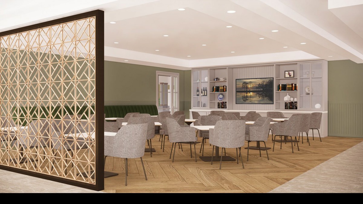 A modern restaurant interior with elegant furnishings and ambient lighting.