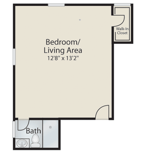 A floor plan of a studio apartment with a combined bedroom and living area, featuring a bathroom and closet.