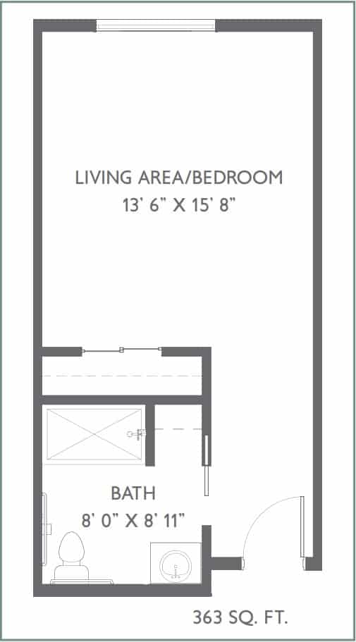 Floor plan of a studio apartment with dimensions for the living area/bedroom and bathroom.