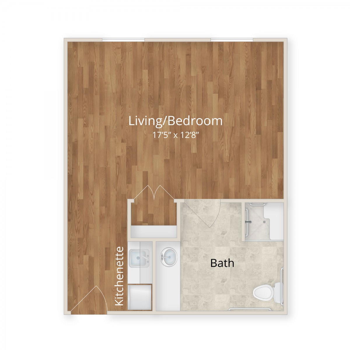 A floor plan of a studio apartment featuring a living/bedroom space and a bathroom.