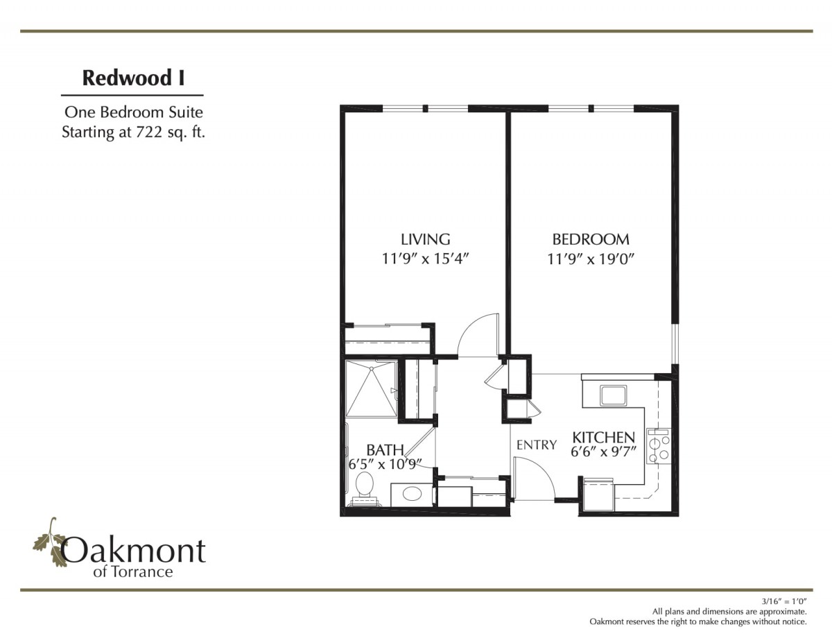 Redwood I floor plan featuring a 1-bedroom suite with a living area, kitchen, and bathroom.