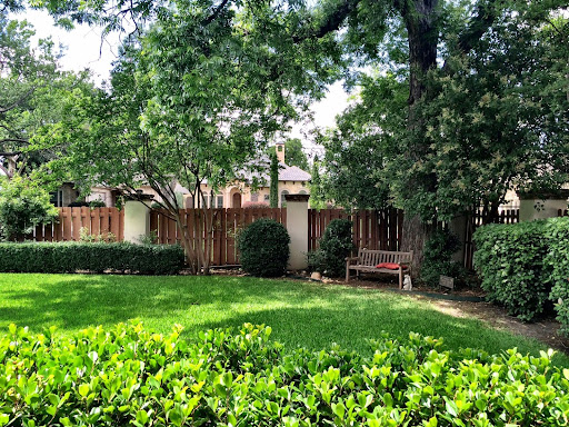 A serene garden space featuring a well-maintained lawn, surrounded by lush greenery and a wooden bench.