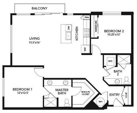 A floor plan of a two-bedroom apartment with a living room, kitchen, balcony, and two bathrooms.
