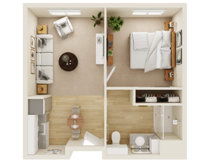 A compact floor plan featuring a bedroom, living room, and bathroom with modern furnishings.