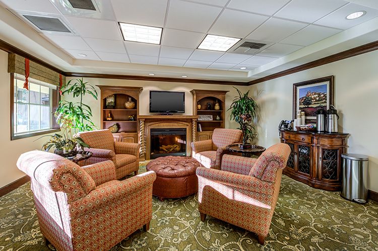 A cozy seating area with armchairs and a fireplace, complemented by bookshelves and a TV.