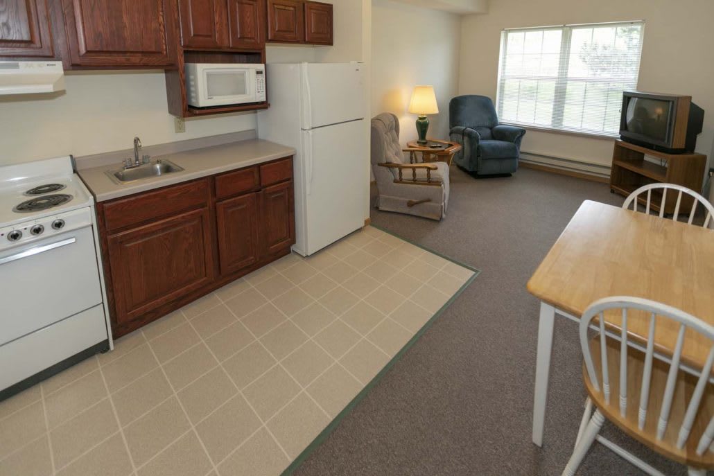 A cozy apartment interior with a small kitchen and living area.