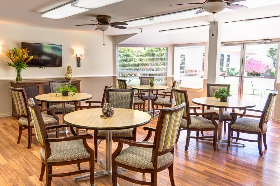 A bright and inviting dining area with multiple round tables and chairs.