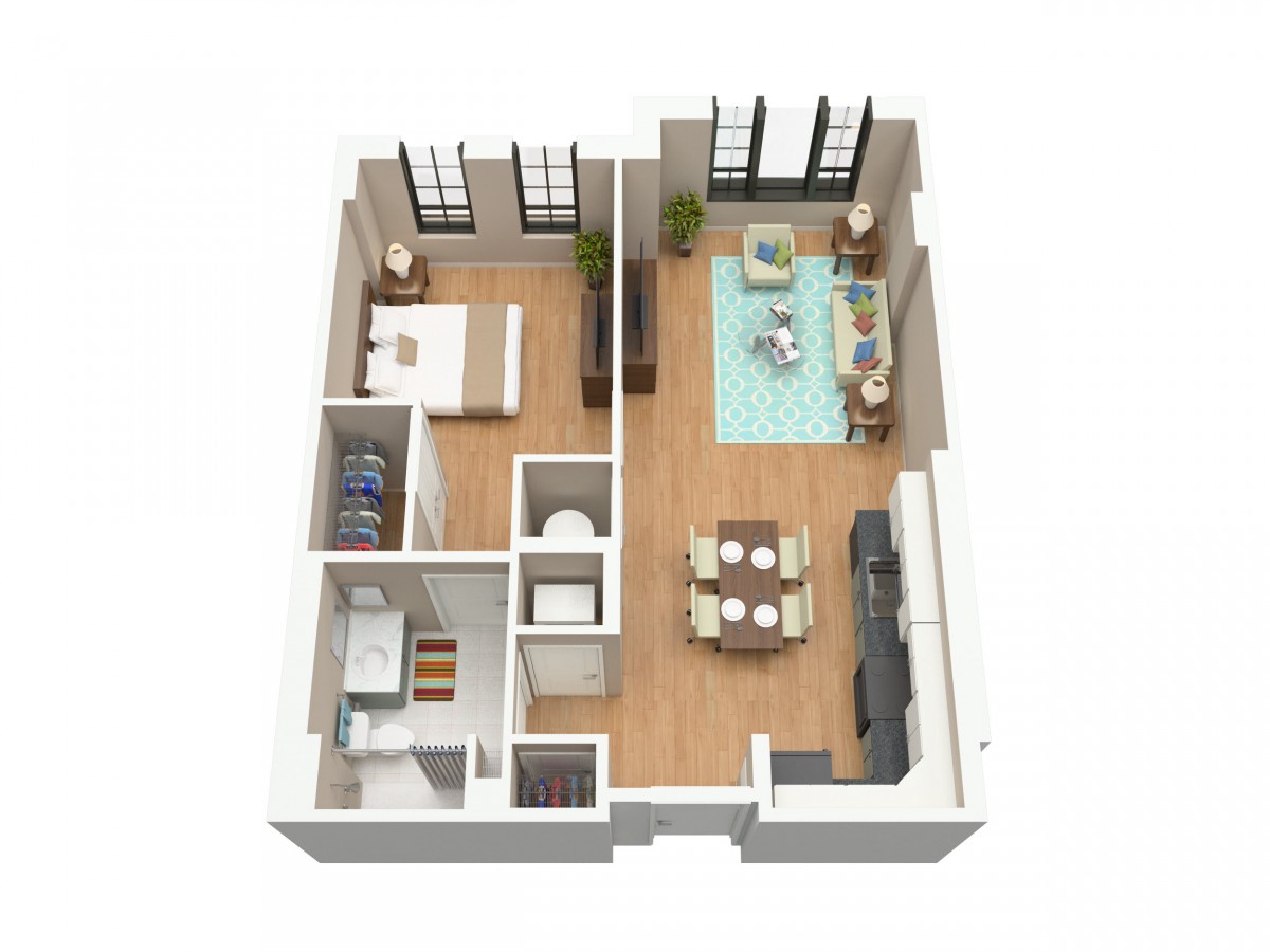3D floor plan of a one-bedroom apartment featuring a living room, kitchen, and bathroom.