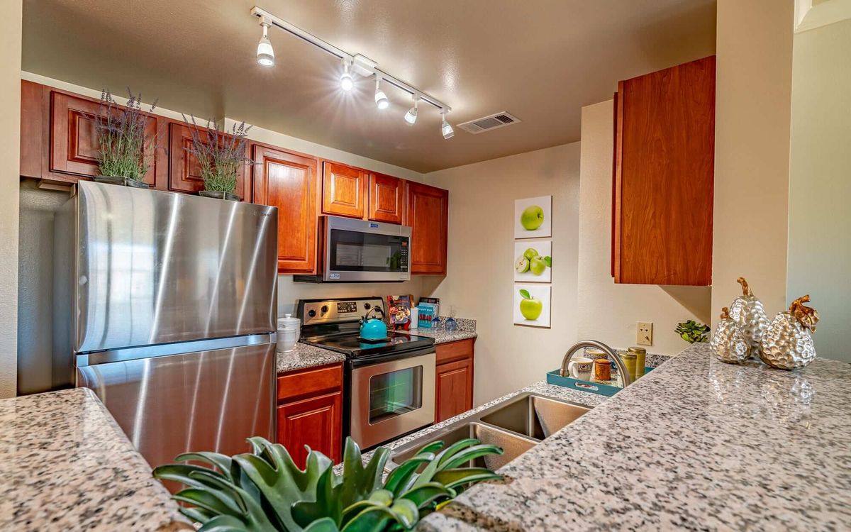 A modern kitchen with stainless steel appliances, wood cabinets, and a granite countertop, featuring track lighting and stylish decor.