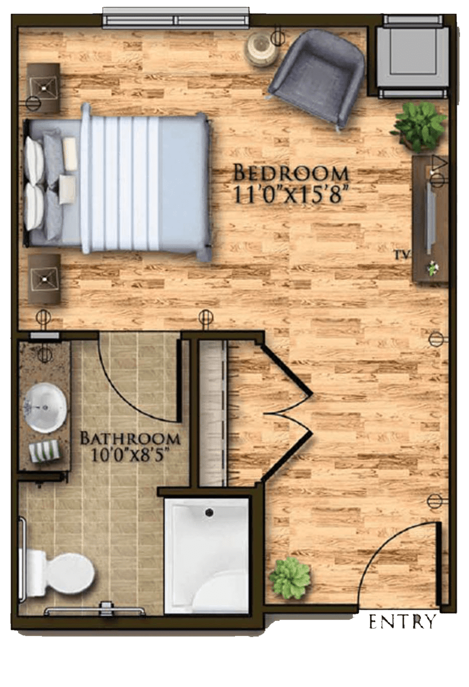 A detailed floor plan depicting a bedroom and bathroom layout.