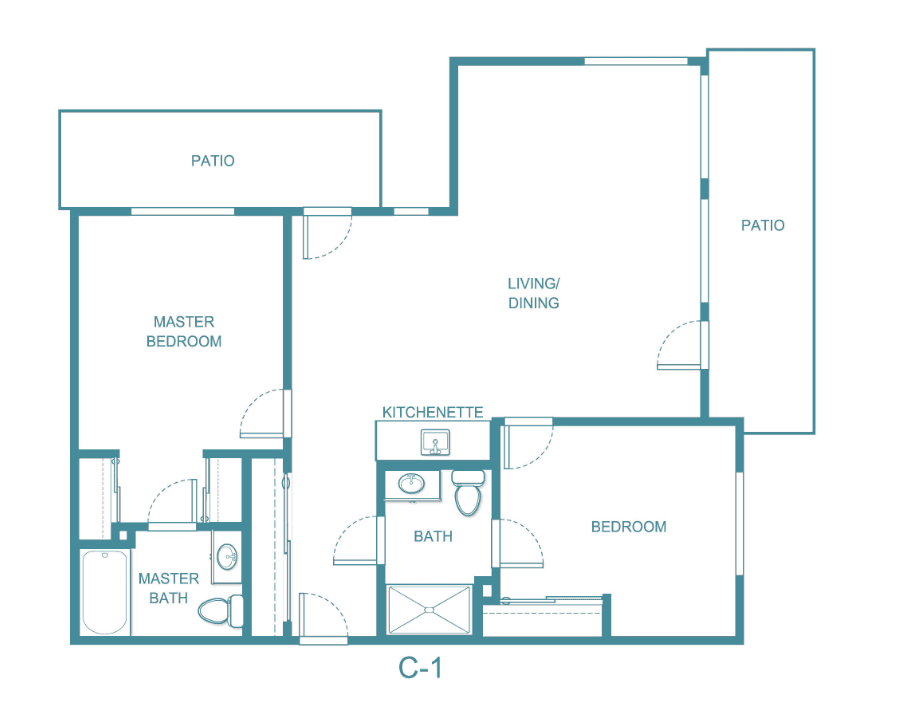 A two-bedroom apartment floor plan featuring a master bedroom with an ensuite bath, a second bedroom, a living/dining area, and additional bathroom.