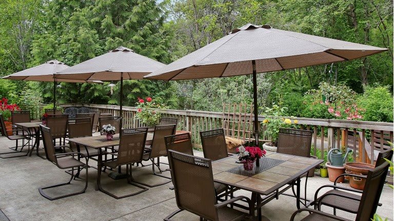 A peaceful outdoor patio with tables, chairs, and umbrellas surrounded by lush greenery.
