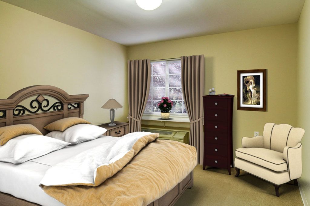 A cozy bedroom with warm colors, featuring a bed, armchair, lamp, and dresser.