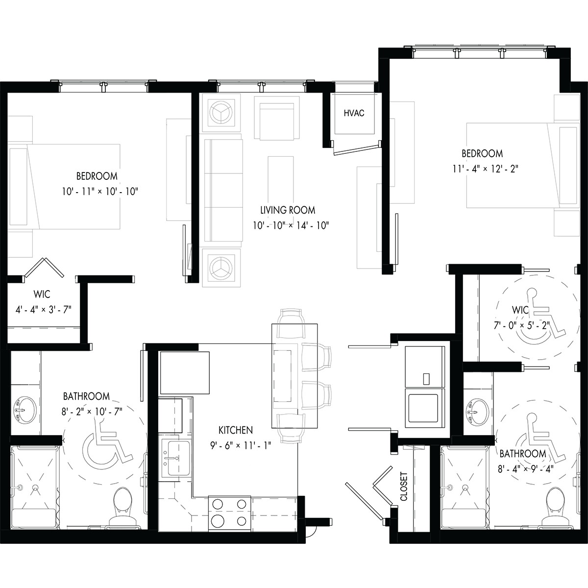 A detailed floor plan of an apartment with multiple rooms and amenities.
