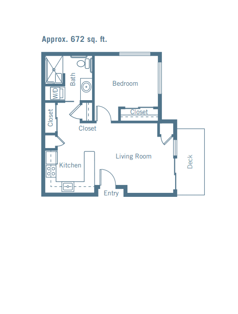 A floor plan of a one-bedroom apartment featuring an entryway, living room, kitchen, bedroom, bathroom, and a deck.